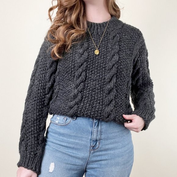 Vintage Handmade Wool Cable Knit Oversized Sweater Chunky Aran Preppy Fisherman - Picture 1 of 6